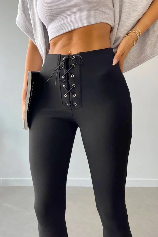 Pantaloni subtiri, evazati Raul, cu stretch, inchidere tip corset, Negru