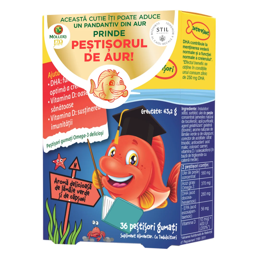 Pestisori gumati cu Omega 3 si aroma de lamaie verde si capsuni, 36 jeleuri, Moller's