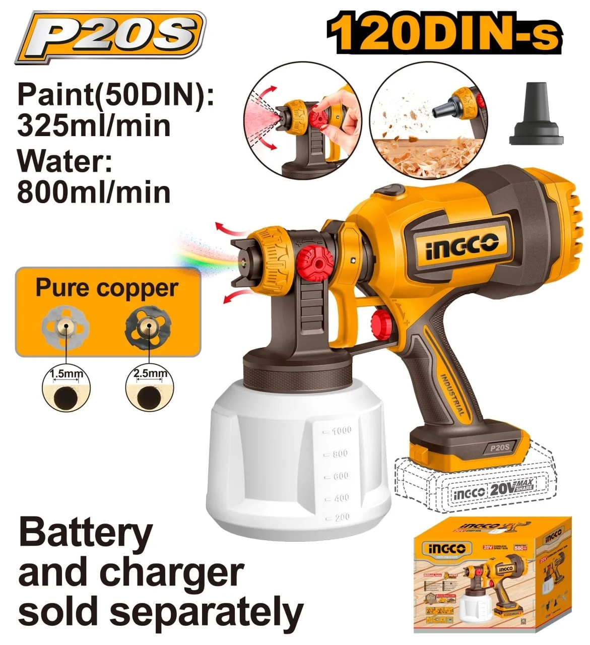 Pistol de vopsit 20V cu functie de suflare, debit 800ml/min, rezervor 1000ml, fara acumulator, INGCO CSGLI2004
