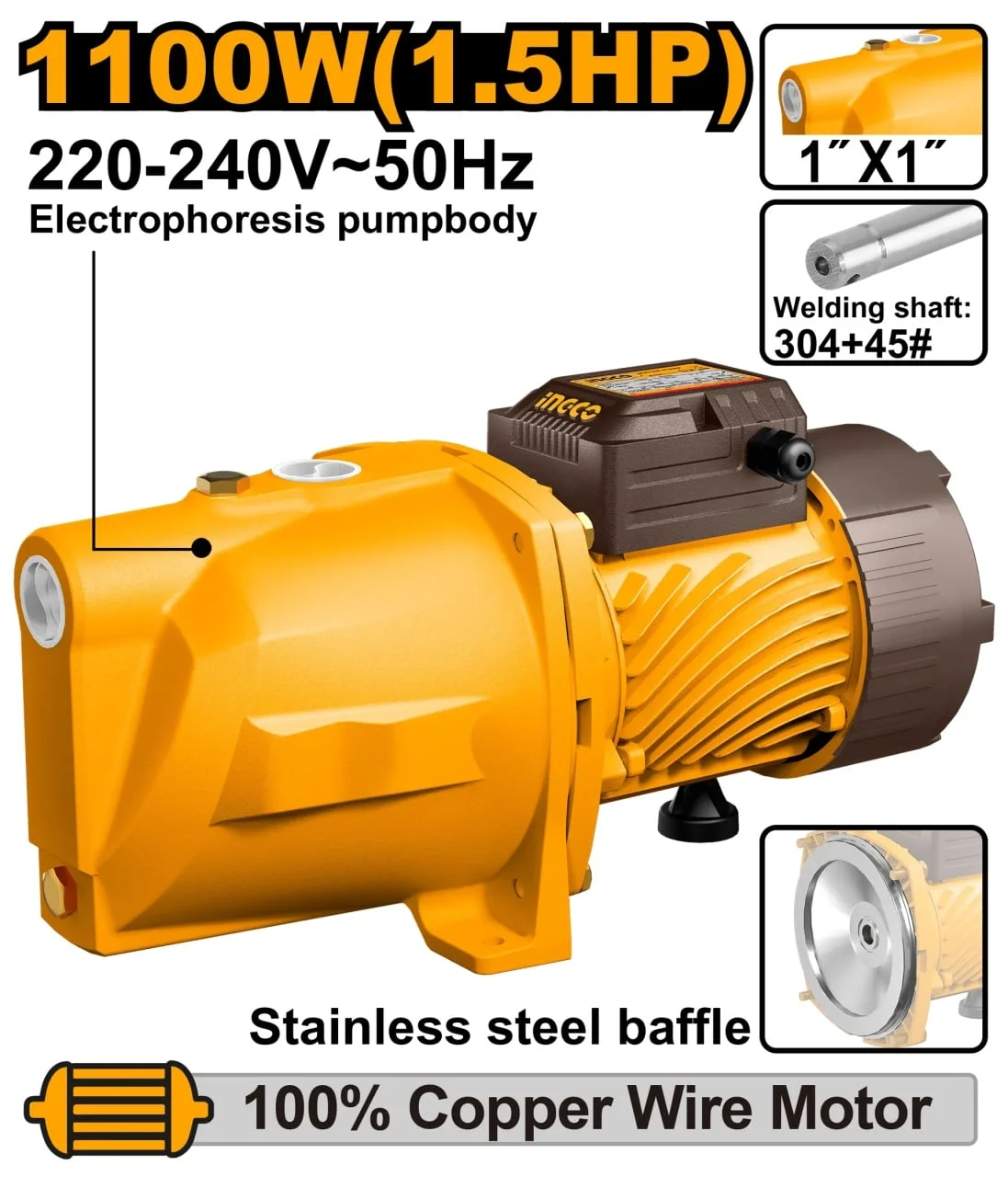 Pompa Apa Jet (Hidrofor) 1100W, 60m, 70L/min, motor cupru, INGCO JP110068