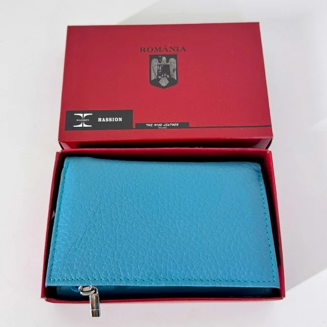 Portofel dama Hassion, piele naturala si deschidere tripla, Turquoise