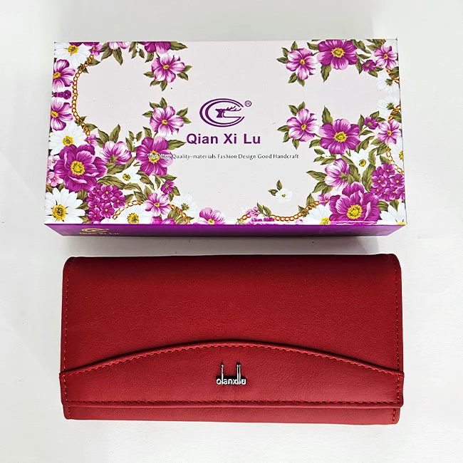 Portofel dama Qianxilu din piele naturala, deschidere prin capsa pe lateral, 16 compartimente, Rosu