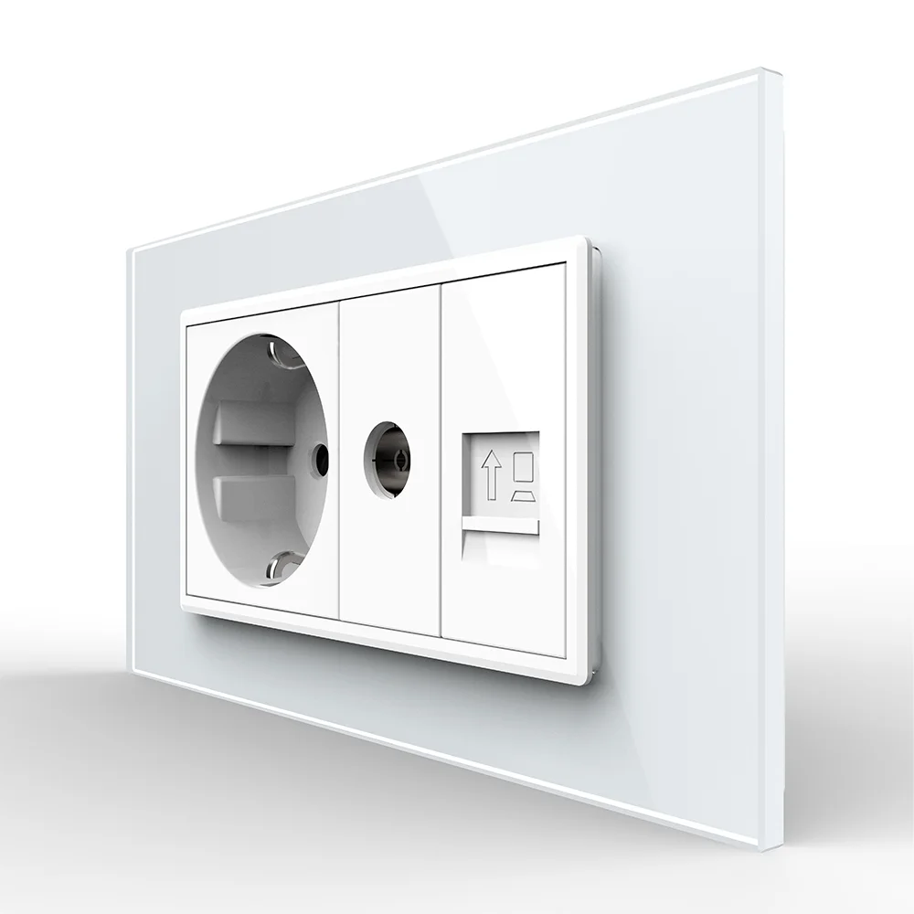 Priza Dubla Livolo cu Rama din Sticla 1 Priza Schuko+TV/internet, Standard Italian – Serie Noua