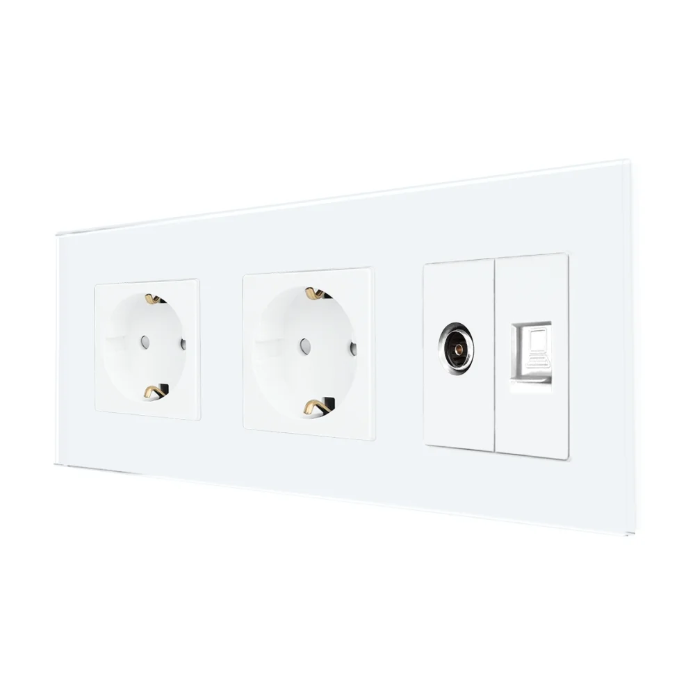 Priza Dubla Schuko + TV + Internet cu Rama Din Sticla LUXION