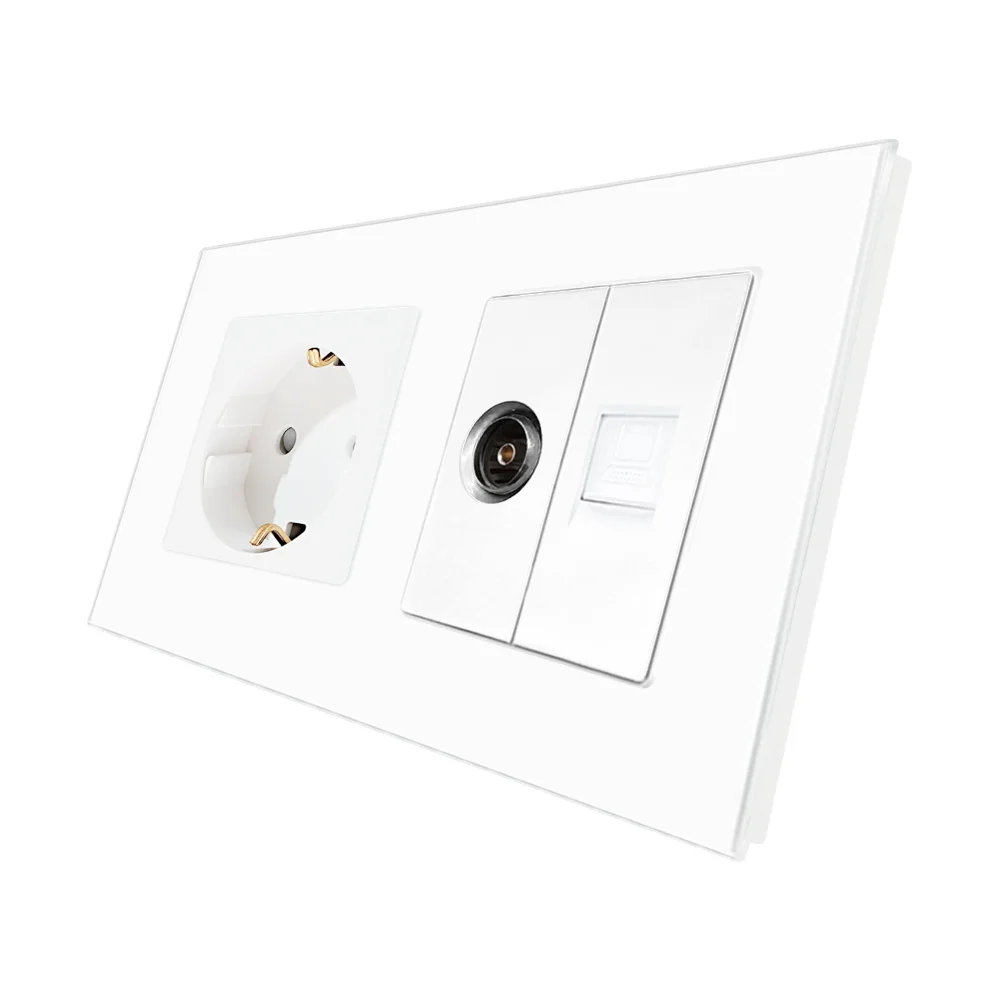 Priza Schuko + TV + Internet cu Rama Din Sticla LUXION