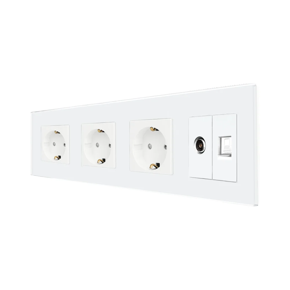 Priza Tripla Schuko + TV + Internet cu Rama Din Sticla LUXION