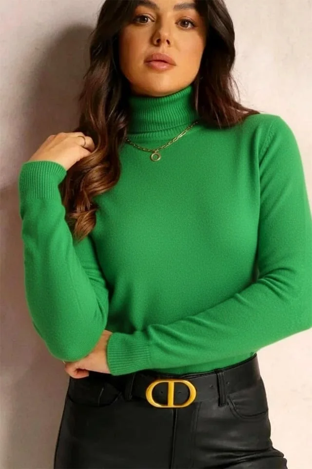 Pulover dama din tricot ARYA, cu guler rulat, Verde, Marime S/M