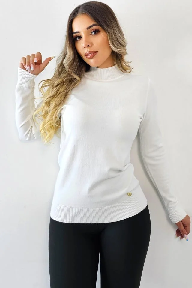 Pulover pe gat Rona, cu bumbac si casmir, Alb, Marime S/M