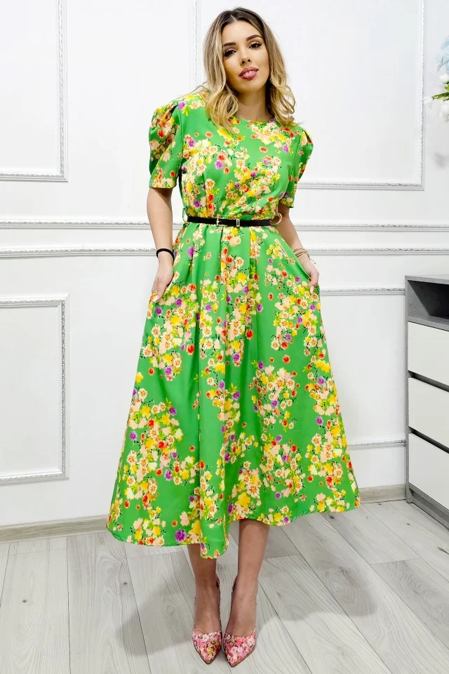 Rochie cu buzunare SOREYA, cu maneca bufanta si curea in ton, Verde Floral, Marimea S/M