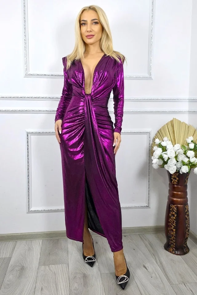Rochie de evenimente Julietta, cu umeri evidentiati si falduri, Fucsia, Marime S/M