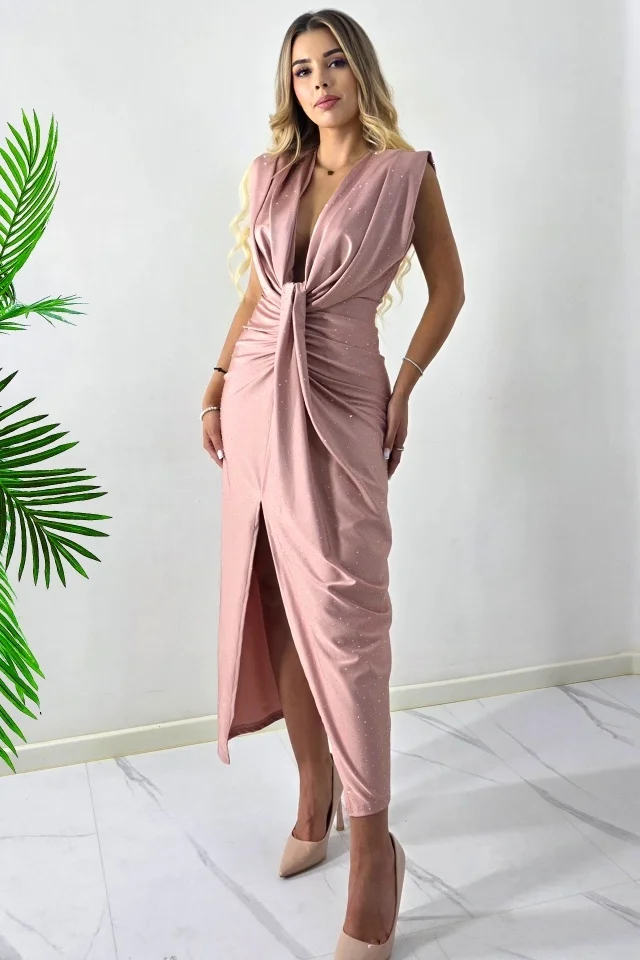 Rochie de ocazie fara maneci JHOSY, cu decolteu adanc si cristale, Roz Pudrat, Marime S/M