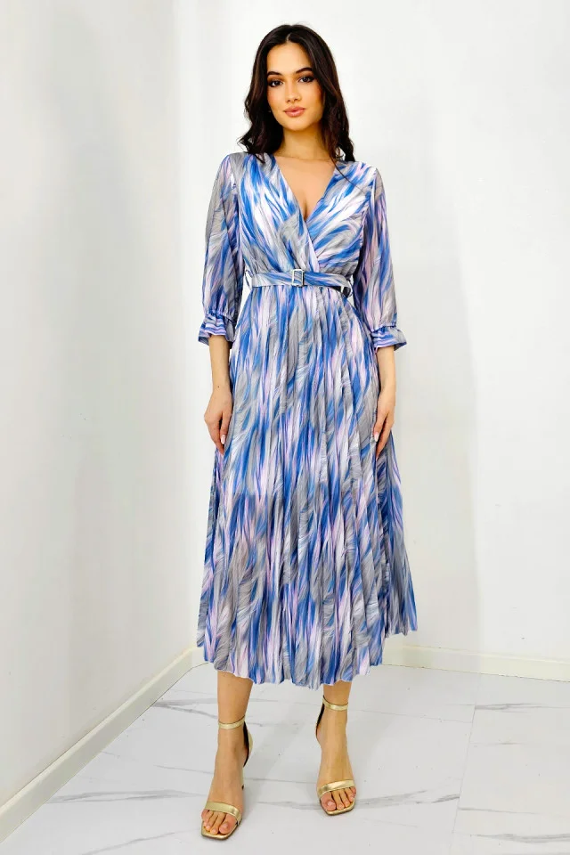 Rochie de zi Fatima, croiala plisata si imprimeu pastelat, Bleumarin, Marime S/M