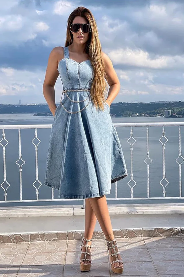 Rochie din denim Nadia accesorizata cu lant in talie, Albastru