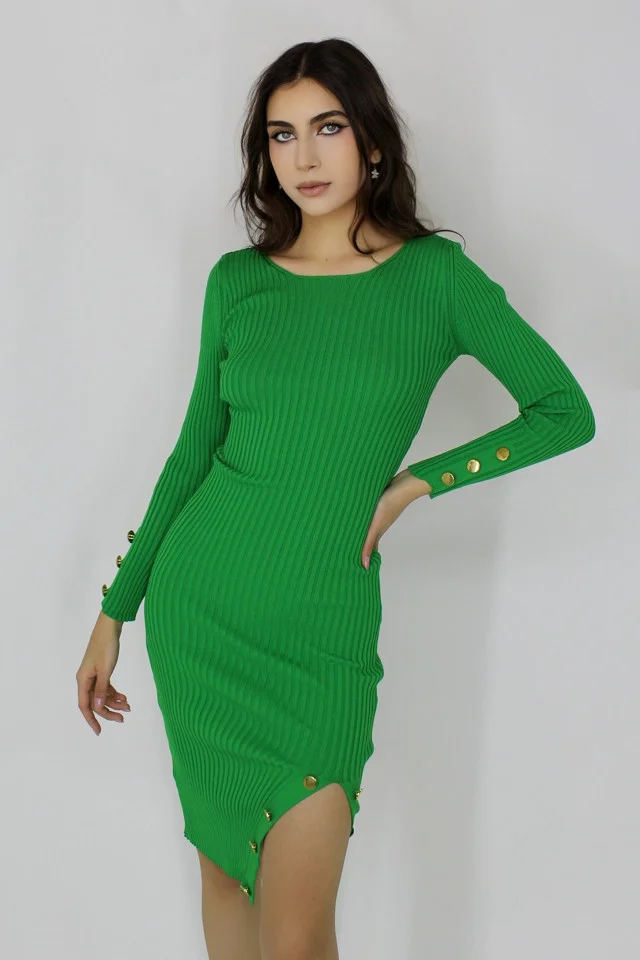 Rochie din tricot Sary, croiala bodycon, accesorii metalice si crapatura laterala, Verde, Marime S/M
