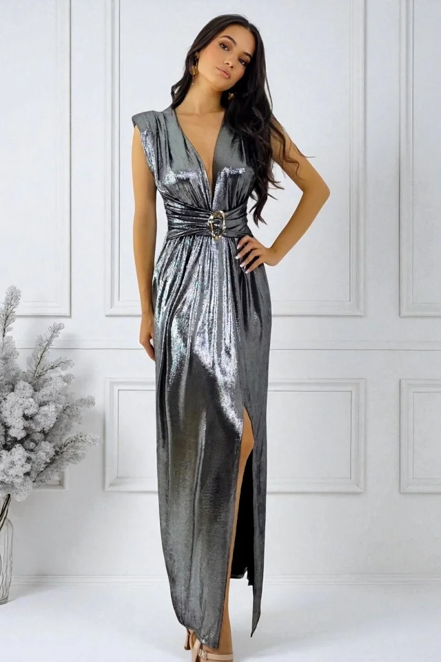 Rochie eleganta cu aspect metalic Demetra si accesoriu chic, Argintiu, Marime S/M