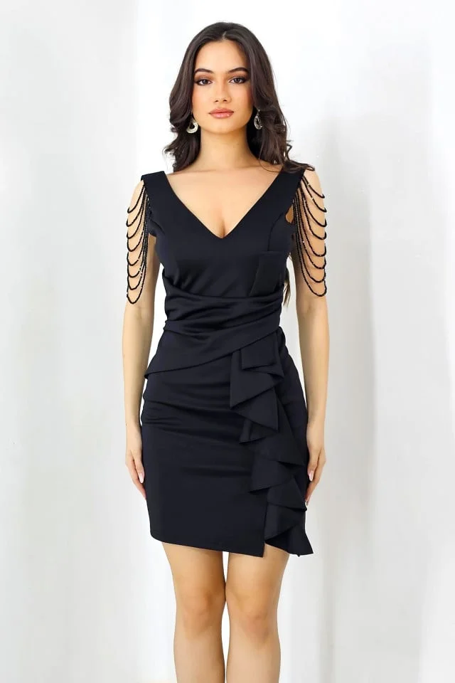 Rochie eleganta Larisa, cu siraguri din cristale si falduri decorative, Negru