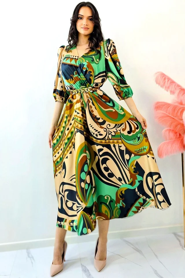 Rochie evazata LORY, cu imprimeu Africa si curea metalica, Verde