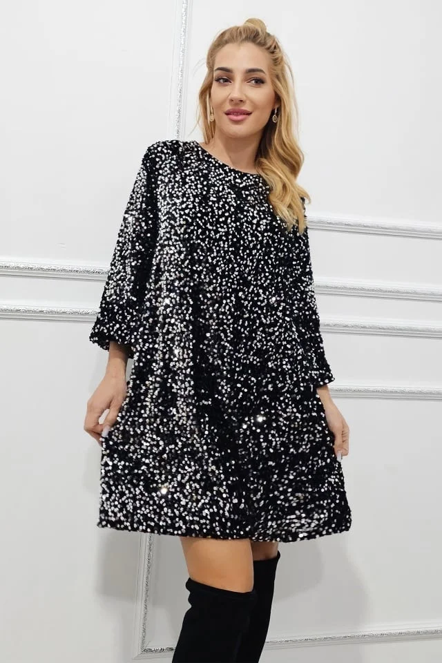Rochie evazata scurta Tamina, cu paiete si fundita oversize la spate, Argintiu, Marime S/M/L