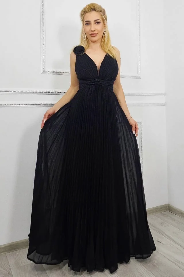 Rochie eveniment AZARIA, cu detaliu floral si croiala empire, Negru