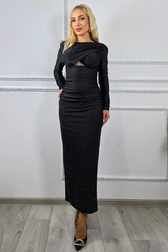 Rochie lunga de ocazie, AURRA, cristale si croi bandage, Negru, Marime S/M