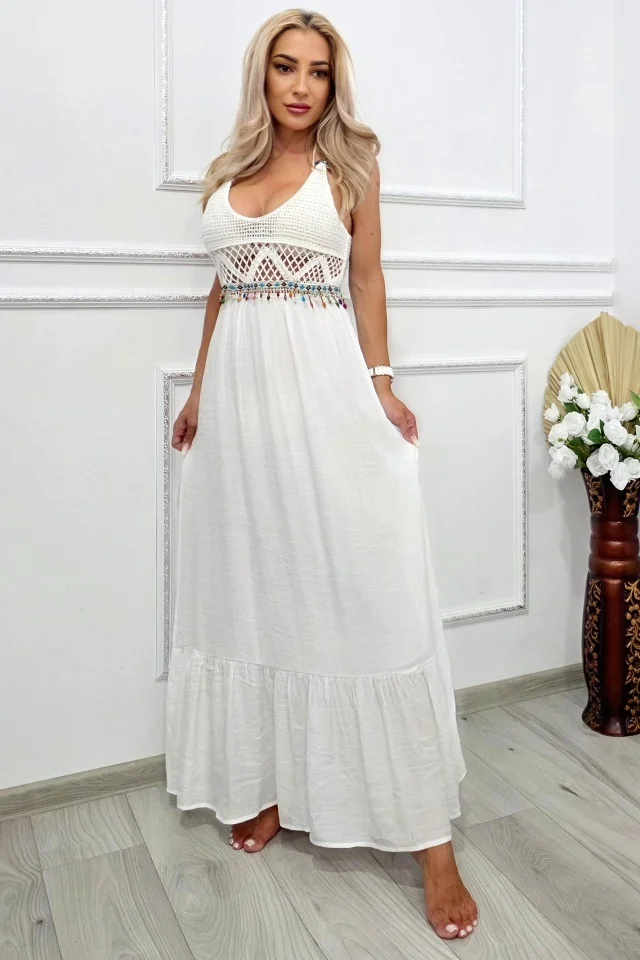 Rochie lunga de plaja TWINA, cu aspect crosetat si margele, Alb