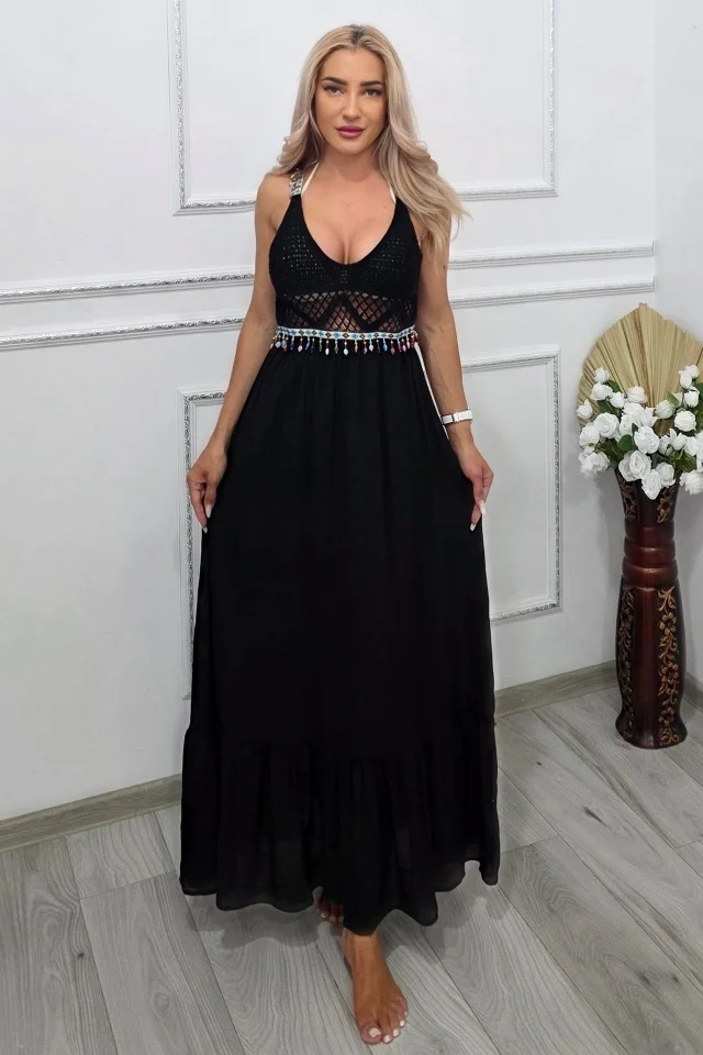 Rochie lunga de plaja TWINA, cu aspect crosetat si margele, Negru