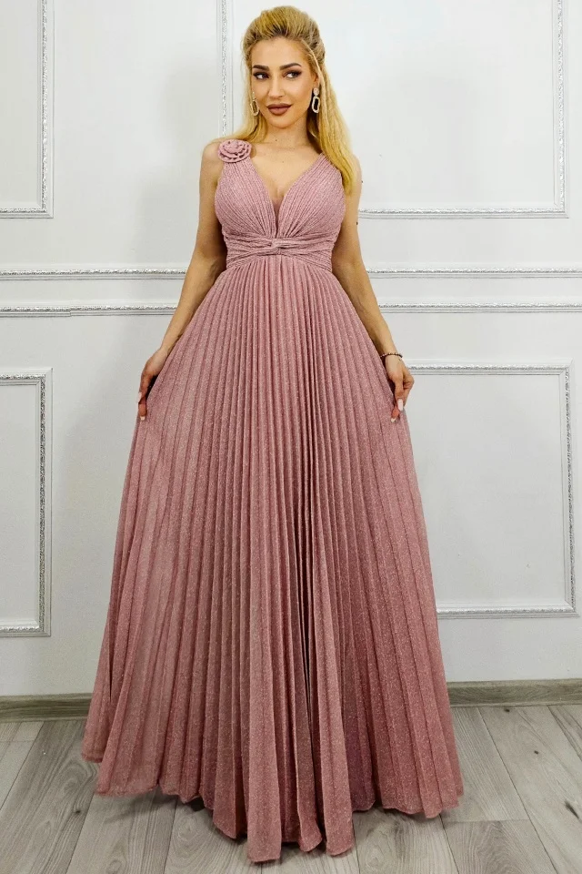 Rochie lunga de seara AZARIA, cu falduri si croiala empire, Roz