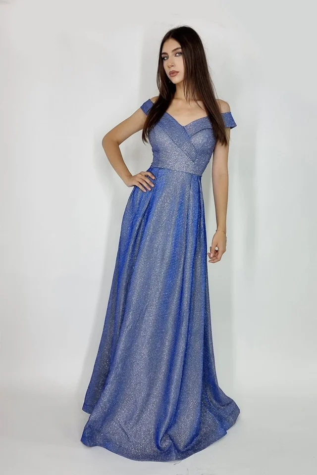 Rochie lunga Elize, cu pliuri definite si decolteu cu mansete pe umeri, Albastru, Marime S/M