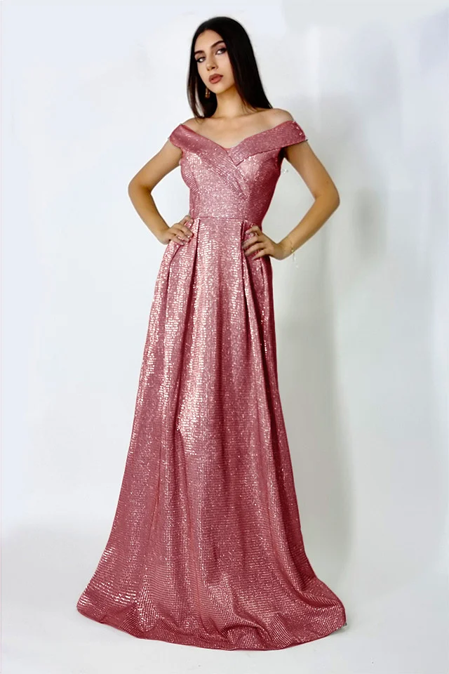 Rochie lunga Elize, cu pliuri definite si decolteu cu mansete pe umeri, Rosu, Marime S/M