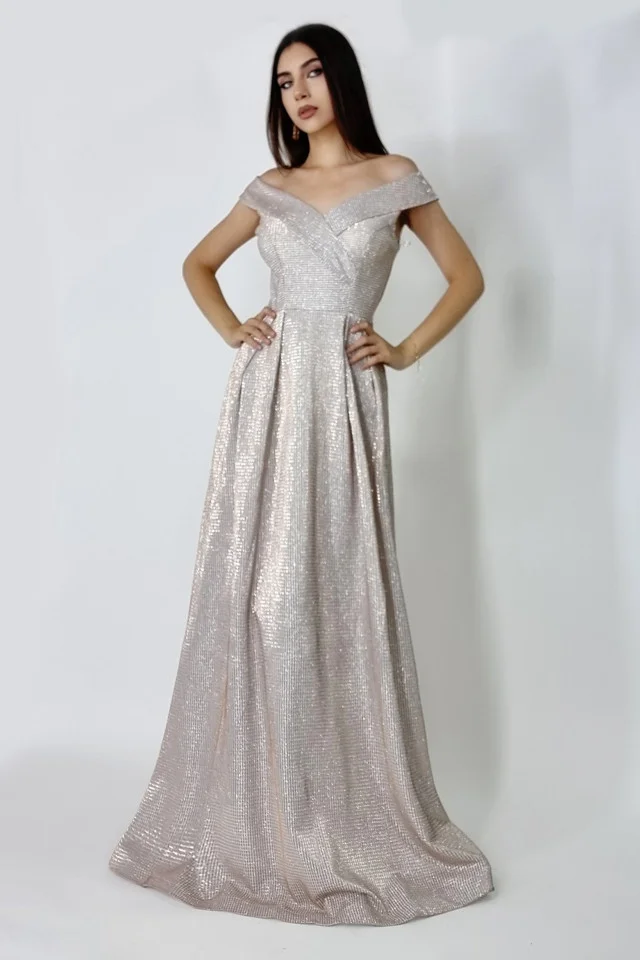 Rochie lunga Elize, cu pliuri definite si decolteu cu mansete pe umeri, Roze, Marime S/M