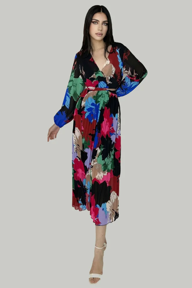 Rochie lunga Kaleya, cu textura plisata, vaporoasa si cordon in talie, Floral scent, Rosu bordo