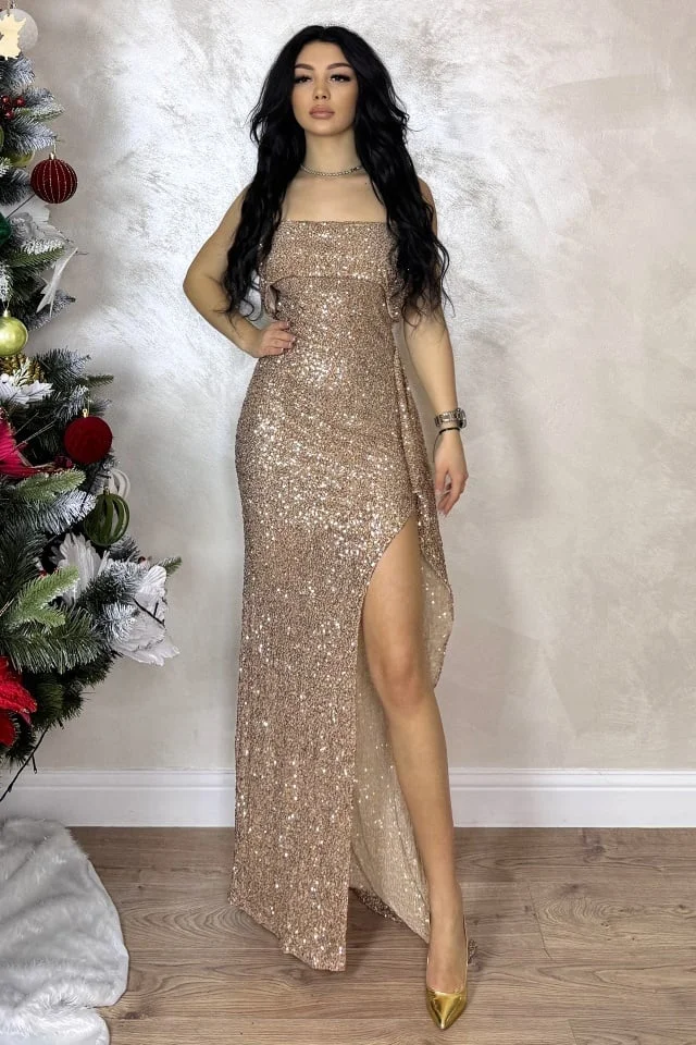 Rochie lunga Naelle, cu paiete si overlay drapat, Auriu, Marime S/M