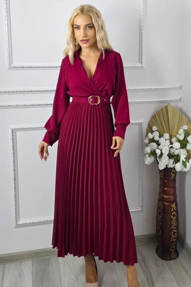 Rochie lunga plisata NOVARA, curea asortata si revere, Rosu Inchis, Marime S/M