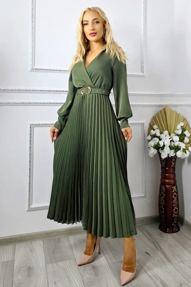 Rochie lunga plisata NOVARA, efect petrecut si revere, Verde Kaki, Marime S/M