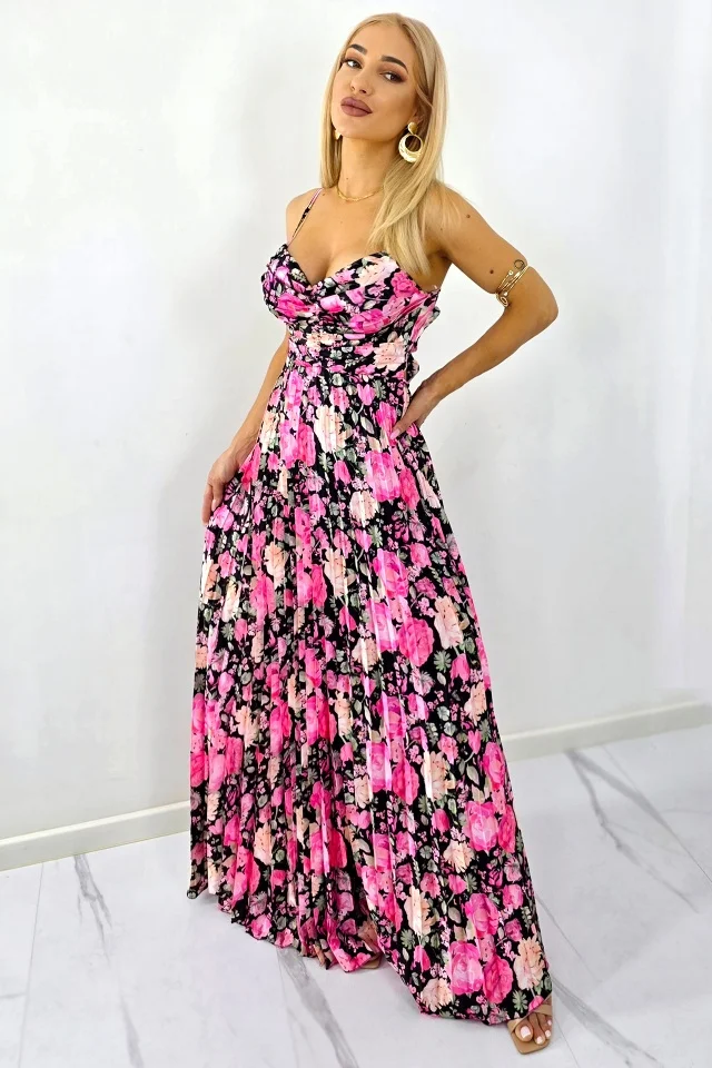 Rochie lunga plisata NYSA, cupe buretate si legare spate, Negru-Roz, Marime S/M