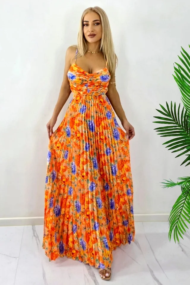 Rochie lunga plisata NYSA, cupe buretate si legare spate, Portocaliu, Marime S/M