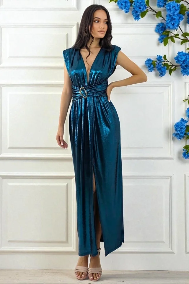 Rochie metalizata de seara Demetra, cu accesoriu metalic, Turquoise, Marime S/M