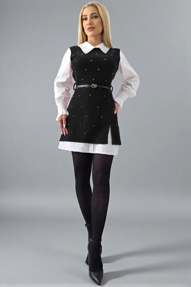 Rochie office tip camasa Iuliana, cu sarafan negru aplicat si curea, Negru, Marime S/M