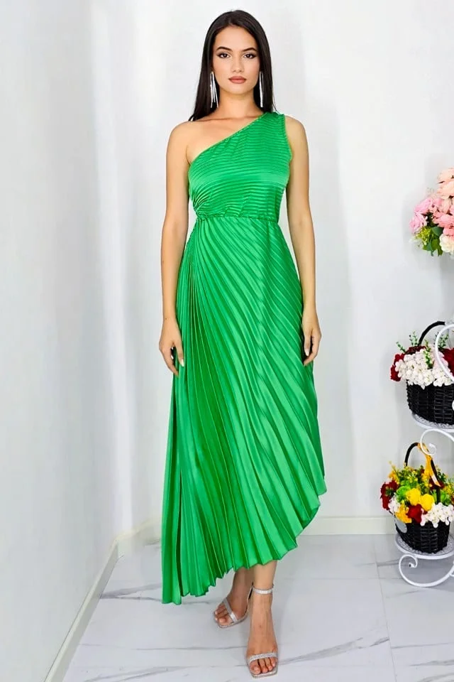 Rochie plisata asimetrica Elza, cu decupaj in zona taliei, Verde, Marime S/M