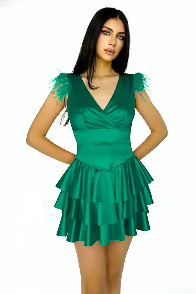 Rochie satinata Anisia, cu volane, detaliu din pene si decolteu adanc, Verde brad, Marimea S/M