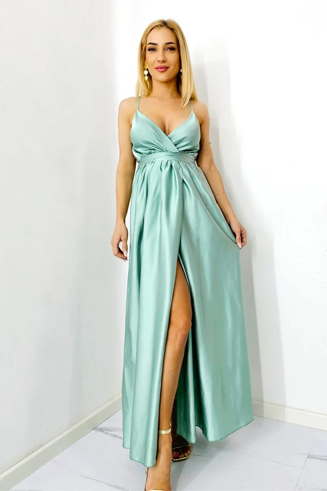 Rochie satinata Jhade, croiala decupata, cordon si bretele subtiri, Vernil, Marime S/M