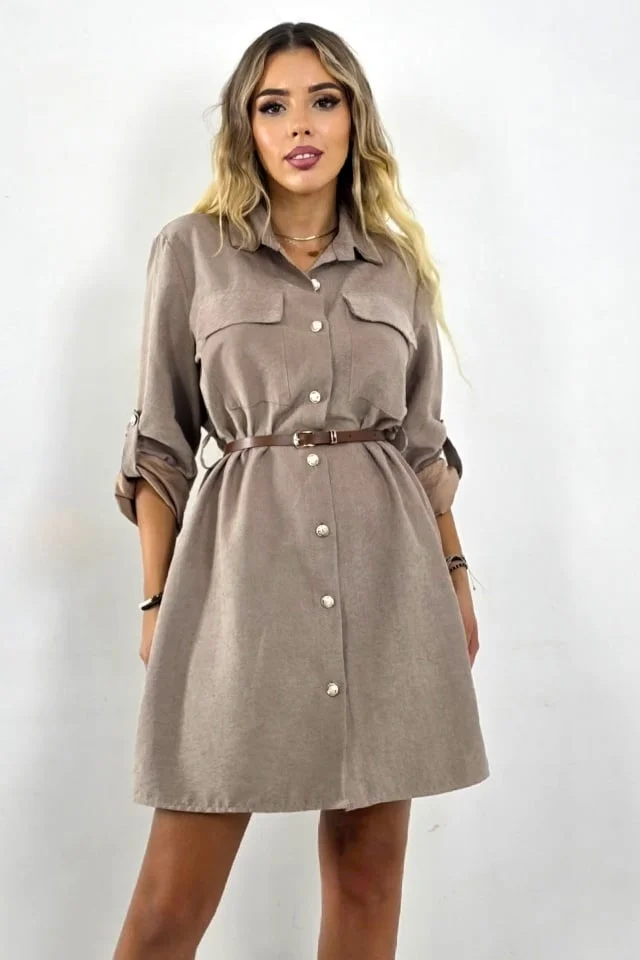 Rochie scurta cu nasturi Kayla si croiala casual, Cappuccino, Marime S/M