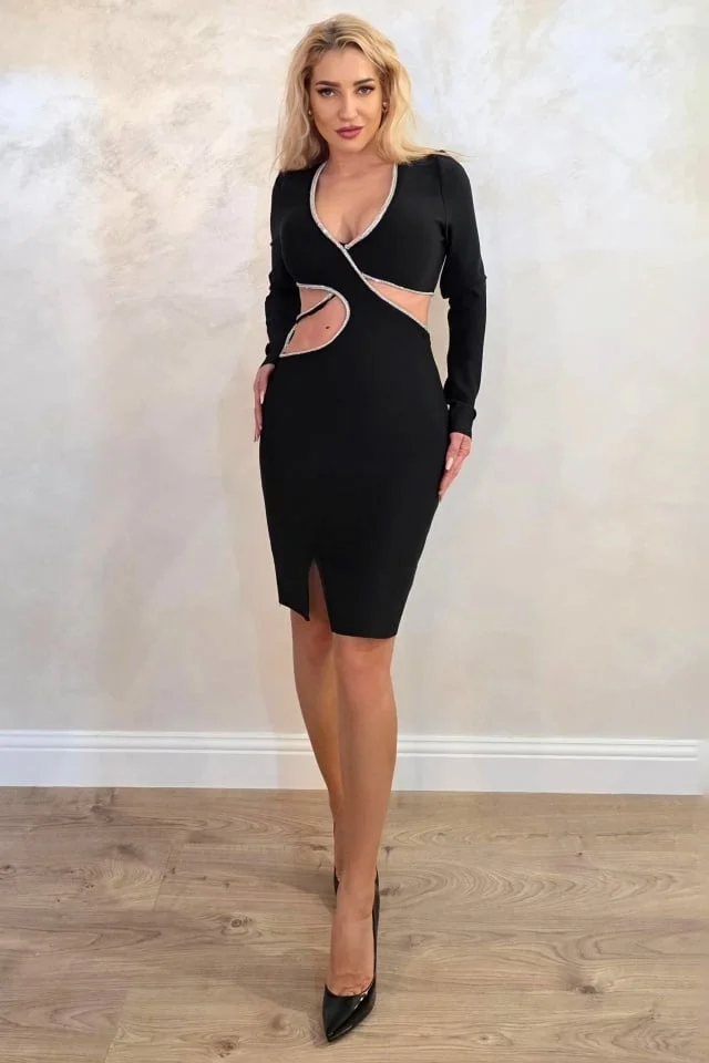 Rochie scurta, decupata LYONA, cu pietre artizanale, Negru, Marime S/M