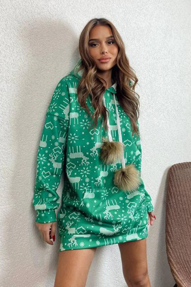 Rochie tip hanorac Ivona, cu tematica de Craciun si ciucuri oversize, Deer Heart, Verde