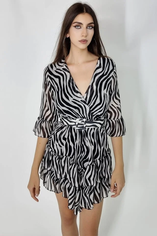 Rochie vaporoasa Evelina, din voal, maneca trei sferturi si curea inclusa, Animal print zebra, Marime S/M