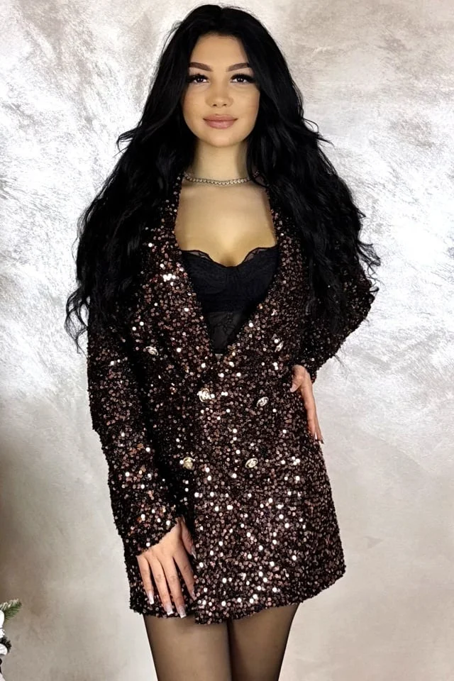 Sacou cambrat tip rochie Yvanna, cu paiete, Maro Ciocolata, Marime S/M