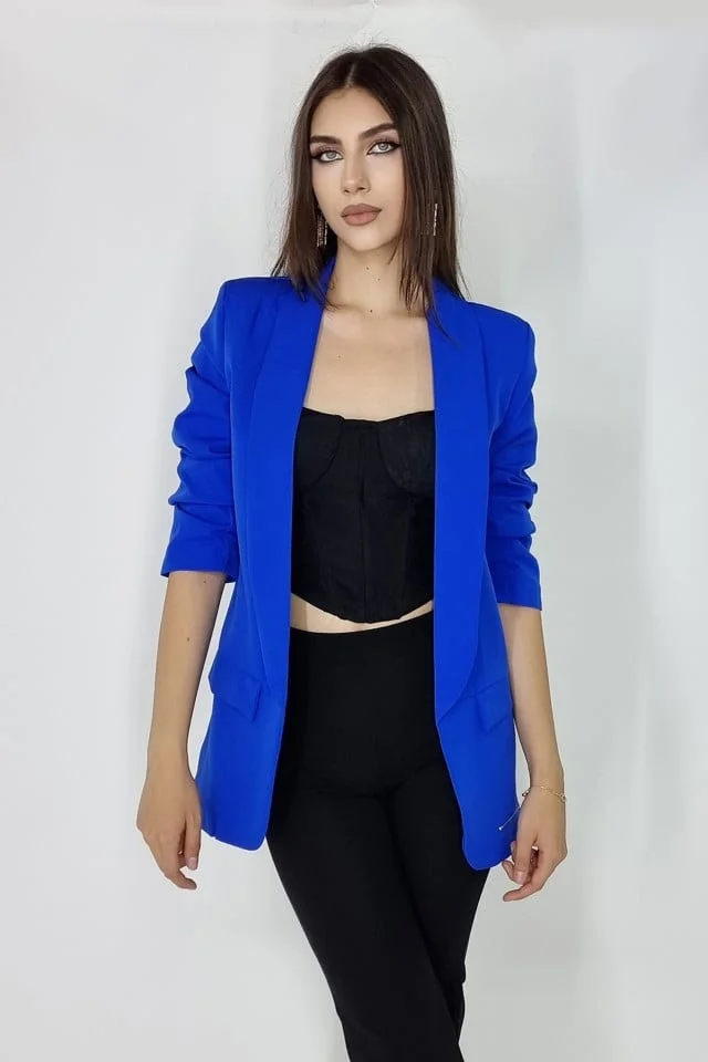 Sacou casual Alessia, cu revere rotunde si buzunare decorative, Albastru, Marime S/M