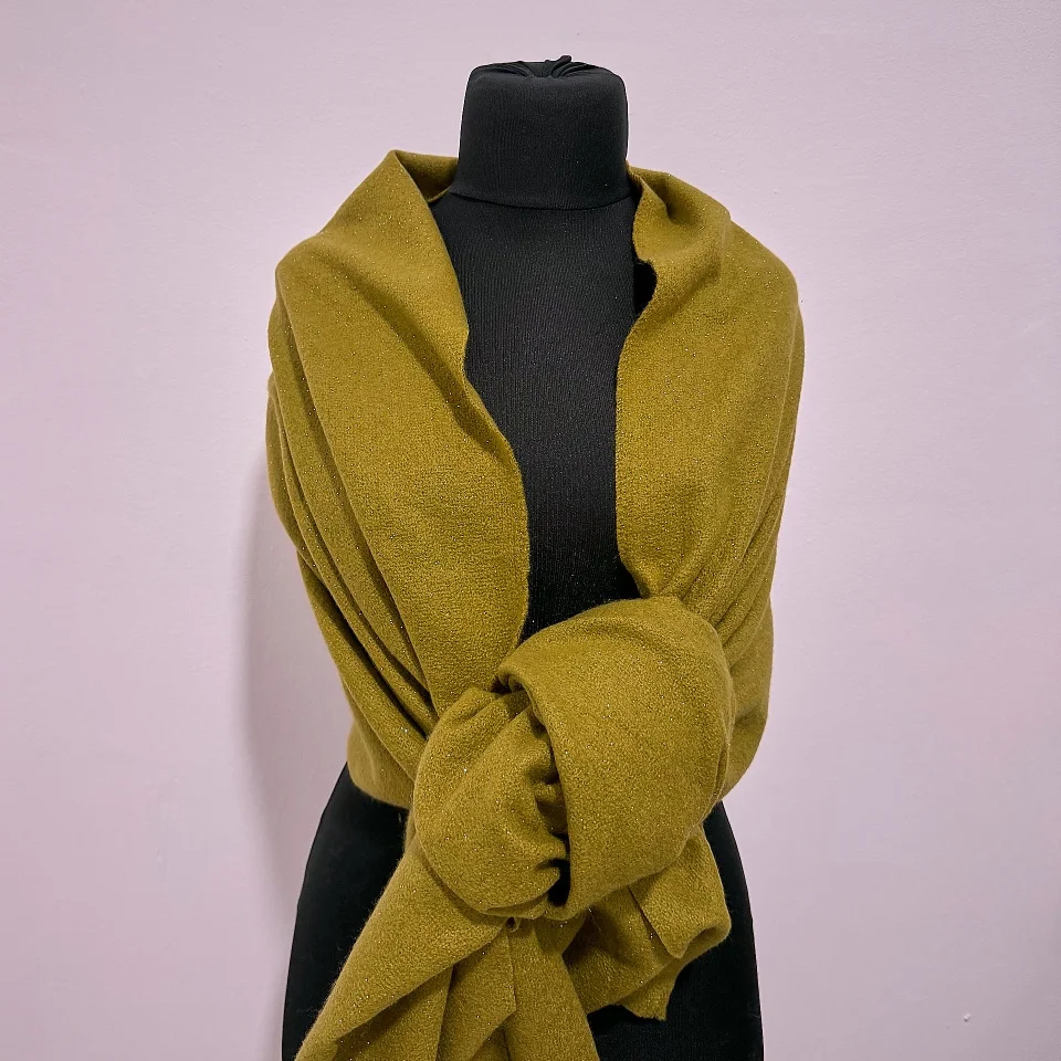 Sal lung tip esarfa Serene Luxe, cu lurex si casmir, Verde olive, 200x70 cm