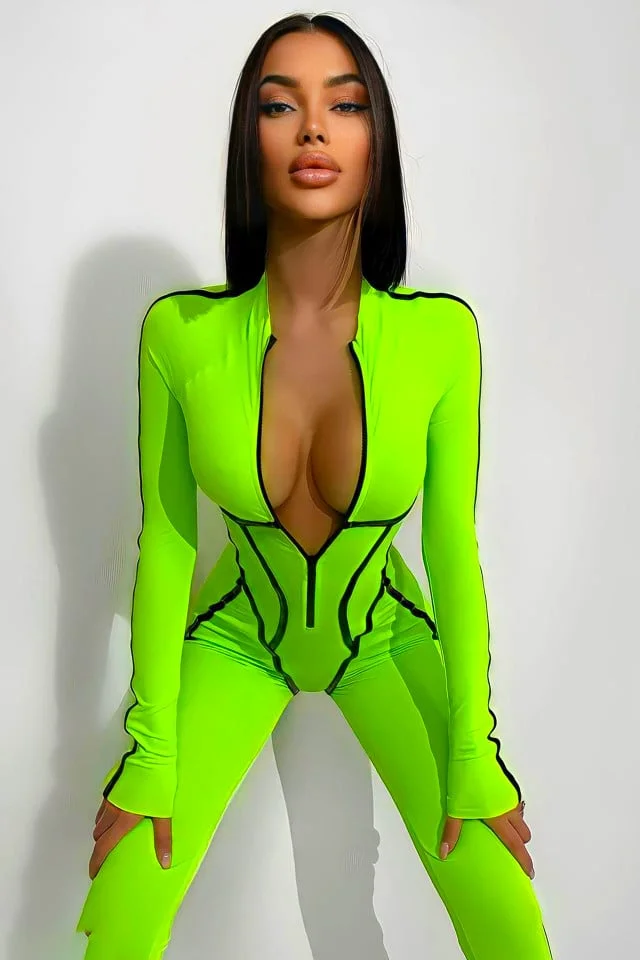 Salopeta casual Shebba, cu detalii din piele ecologica si maneca lunga, Verde neon