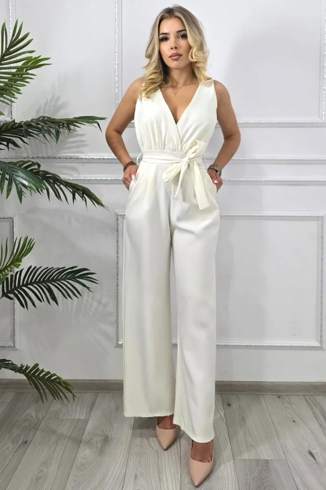 Salopeta lunga eleganta YLINA, cu spate semidecupat si cordon, Alb, Marime S/M